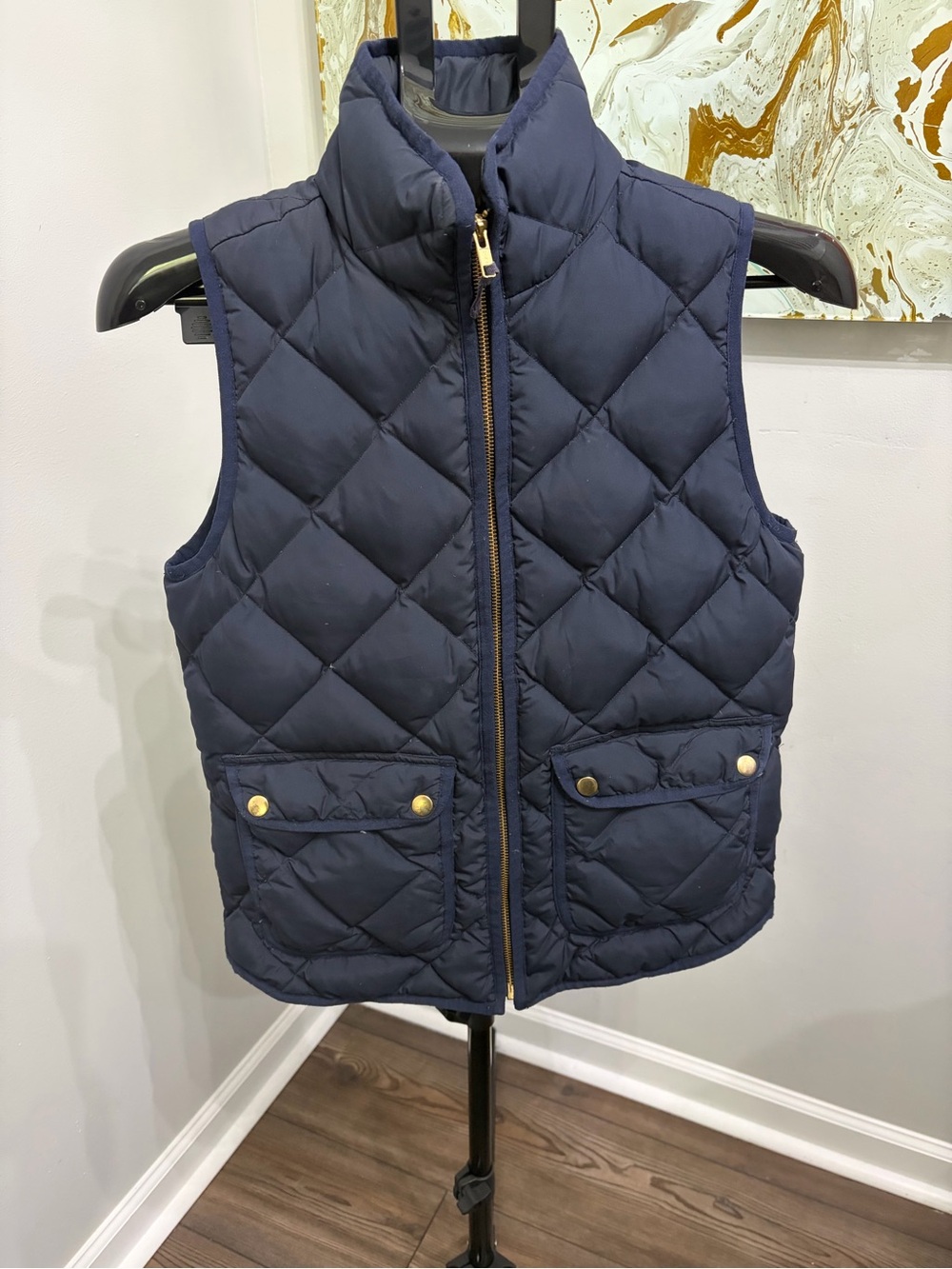 J.Crew Excursion Quilted Down Vest Navy Blue Gold Hardware XS